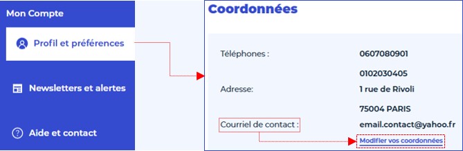 Chemin d'accès à la modification de l'adresse de contact