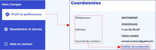 Chemin d'accès à la modification des coordonnées de contact